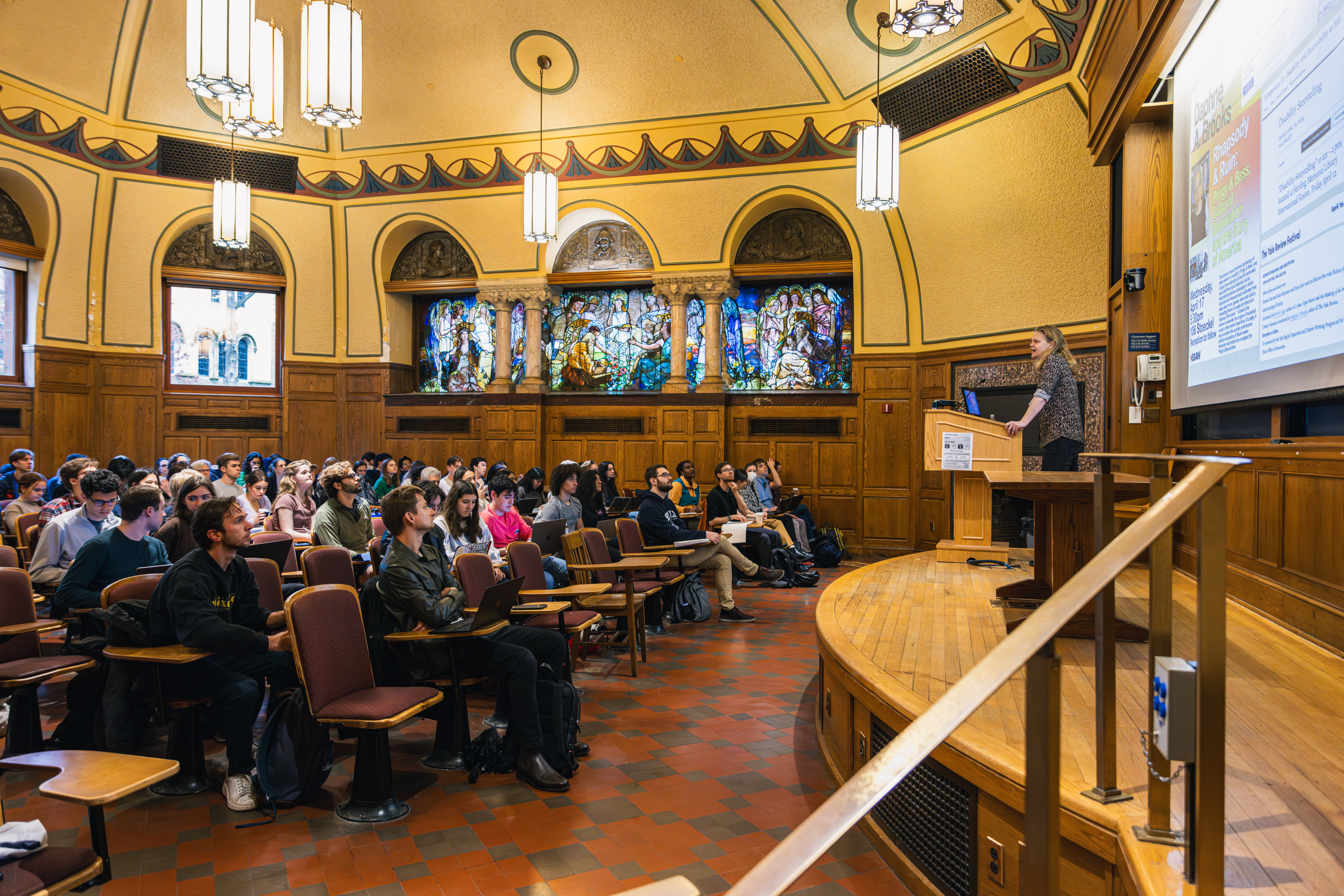 A lecture to a large group in LC 101.