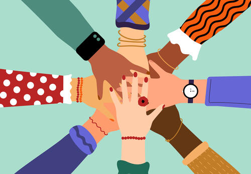 Illustrated image of a group of diverse people's hand stacked on top of each other Depicting the concept of Community, Support, and Partnership.