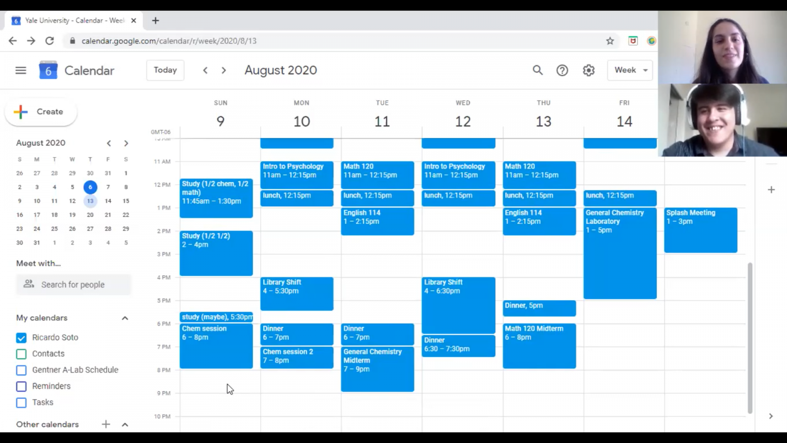 Image of Google Calendar created by student. On the right side, images of the mentor leading the 1-1  consultation, and the student whose schedule they are working on.
