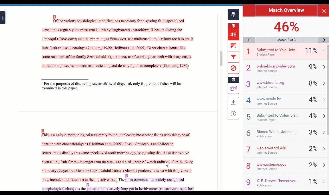 In the example screenshot from Turnitin, the papers were written by different students (Timothy Dwight and Ezra Stiles) in the same course (FISH 202), which suggests collaboration.