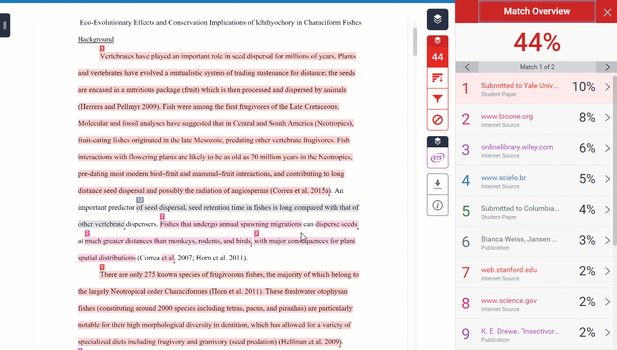 In the screenshot from Turnitin, the papers were written by different students (Jonathan Edwards and Ezra Stiles) for different courses (FISH 202 and FISH 303) and submitted a few years apart. This suggests that the writer of the paper copied material from a paper written by a student in another course. 