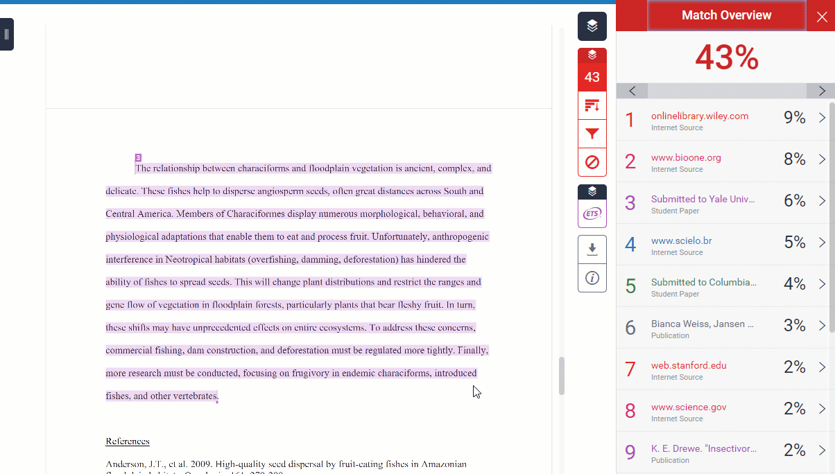 In the example screenshot from Turnitin, both papers were written by the same student (Ezra Stiles) in different courses (FISH 101 and FISH 202) and submitted about a year apart. This suggests that the writer of the paper has recycled material he wrote for a previous course.