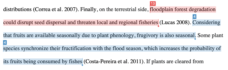 A screenshot of a passage from a Turnitin report with five lines, one highlighted in red and two highlighted in blue