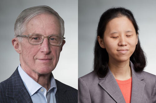 William Nordhaus (pictured wearing a blue shirt and plaid blazer) and Katie Wang (pictured wearing a coral shirt and gray blazer)