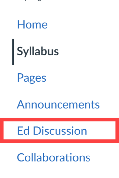 Canvas course navigation menu with the Ed Discussion button highlighted in the list.