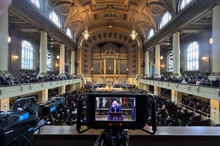 Poorvu Center Teaching Studios producing the livestream during President Maurie McInnis' Inauguration - August 6, 2025