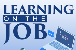 Logo for the Learning on the Job podcast featuring an image of a laptop