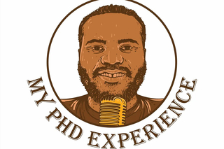 Logo for the my PhD Experience podcast featuring a drawn image of the host