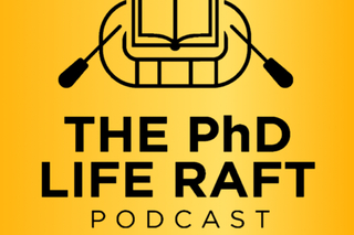 Logo for the PhD Life Raft Podcast featuring a book on a raft with oars