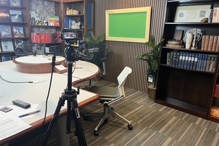 A modern podcasting studio set up for video