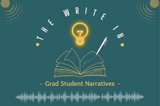 Logo for the Write In Podcast, featuring a drawing of an open book, a pen, and a light bulb above.