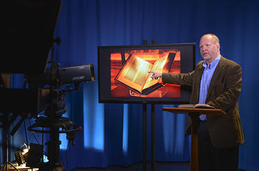 Professor Bruce Gordon records a lecture in the Yale Broadcast Studio