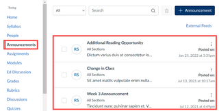 Canvas announcements landing page with a red box around the Announcements tab in the course navigation and a red box around all of the announcements already posted for the course