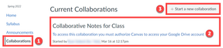 Canvas collaboration page with a red box around the "Start new collaboration" button.