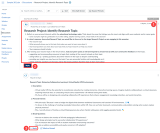 Canvas discussion forum with the main prompt, top-level reply, and threaded-reply button highlighted.