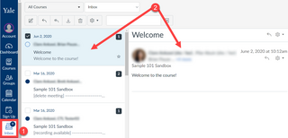 Canvas inbox with the 'Inbox' highlighted, showing 9 unread messages. A message titled 'Welcome' for the course 'Sample 101 Sandbox' is selected, displaying its content on the right.