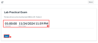 Canvas New Quiz landing page with the time limit / due date information highlighted and the Begin button highlighted.