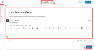 Canvas New quiz page with multiple elements highlighted. Reference text for full explanation.