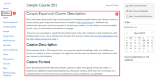 Canvas syllabus page with the Syllabus button highlighted in the course navigation and main page content highlighted.