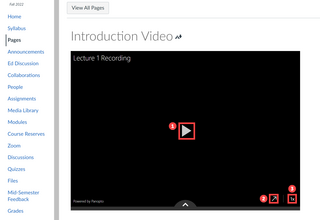 Media library video player embedded on a Canvas page with the video player elements highlighted.