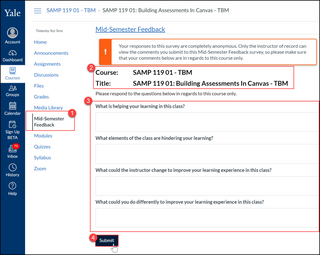 Mid-Semester Feedback tool page with the course information available at the top of the page and the four default answers to be answered below.