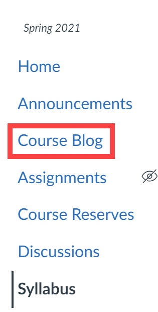 Canvas course navigation menu with the Course Blog link highlighted.