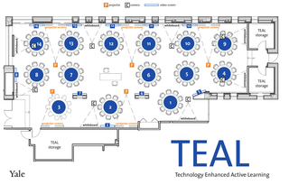 TEAL floor plan with all tables, projectors, and video screens marked.