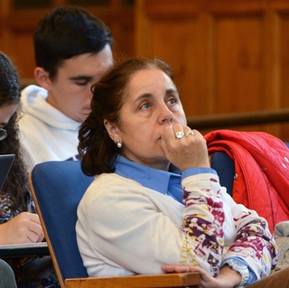 Professor Juliana Ramos-Ruano sits in on a class during Faculty Bulldog Days in 2015