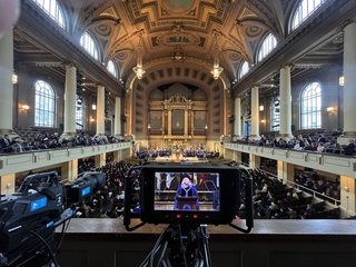 Poorvu Center Teaching Studios producing the livestream during President Maurie McInnis' Inauguration - August 6, 2025