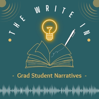 Logo for the Write In Podcast, featuring a drawing of an open book, a pen, and a light bulb above.