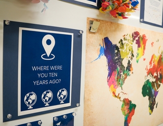 Board with a graphic of the world map