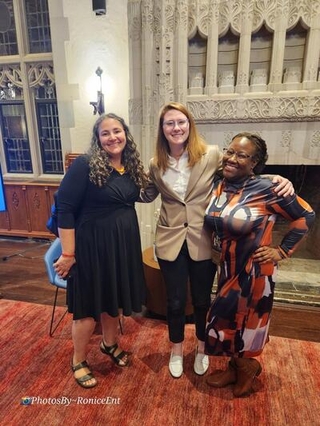 Laurie Santos, Belinda Platt, and Ronice Awudu pose together following a recording session. 