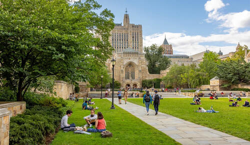 Students sit in groups on the grassy courtyard of Yale's Cross Campus, with Sterling Memorial Library in the background